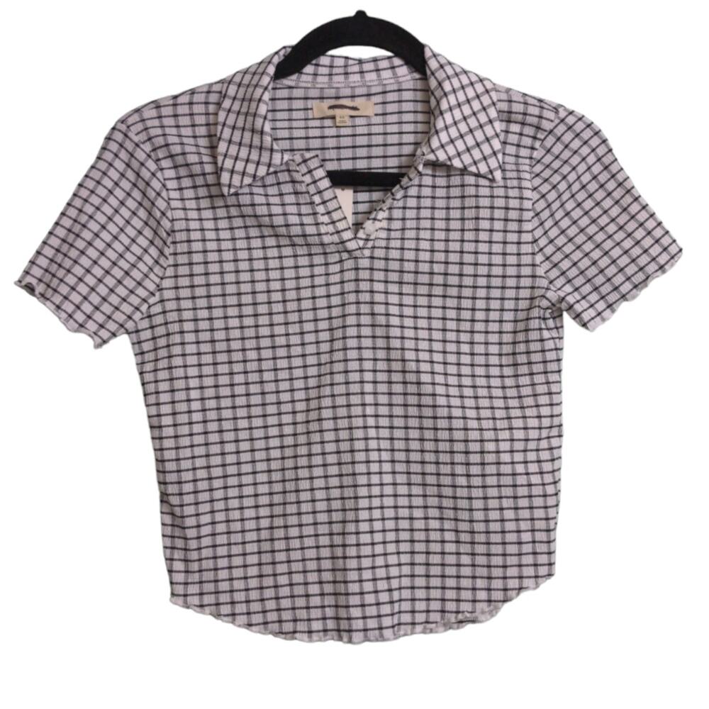 Madewell Windowpane Plaid Crinkle Polo Crop Top XS New